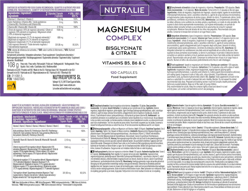 Magnesio Complex Bisglicinato + Citrato – 120 Cápsulas – Alta Absorción – Energía, Músculos, Estrés y Sueño Nutralie