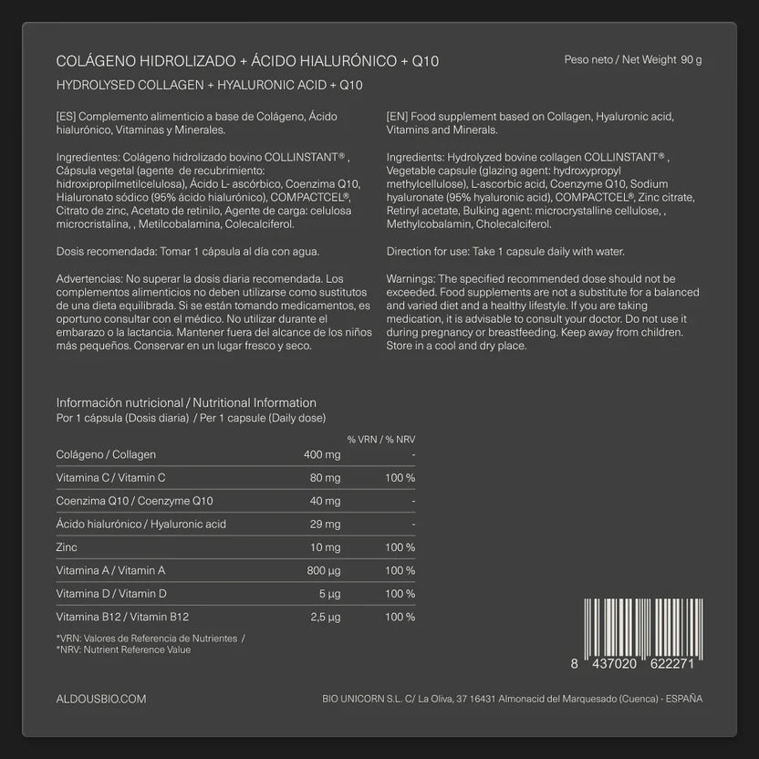 Aldous Hydrolyzed Collagen 400mg + Hyaluronic Acid + Q10 + Zinc + Vitamins A, C, D & B12 - 120 Capsules