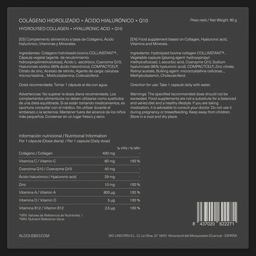 Aldous Hydrolyzed Collagen 400mg + Hyaluronic Acid + Q10 + Zinc + Vitamins A, C, D & B12 - 120 Capsules