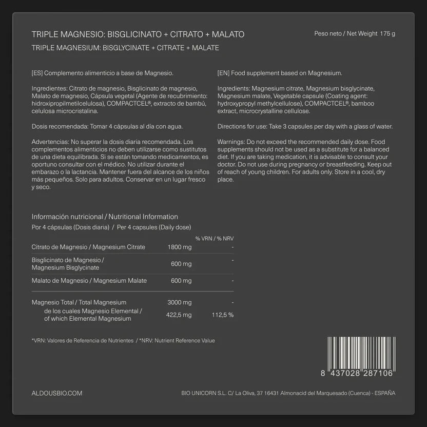 Aldous Magnesium Triple Complex 3000mg - Bisglycinate + Citrate + Malate 422.6mg Elemental - 200 Capsules