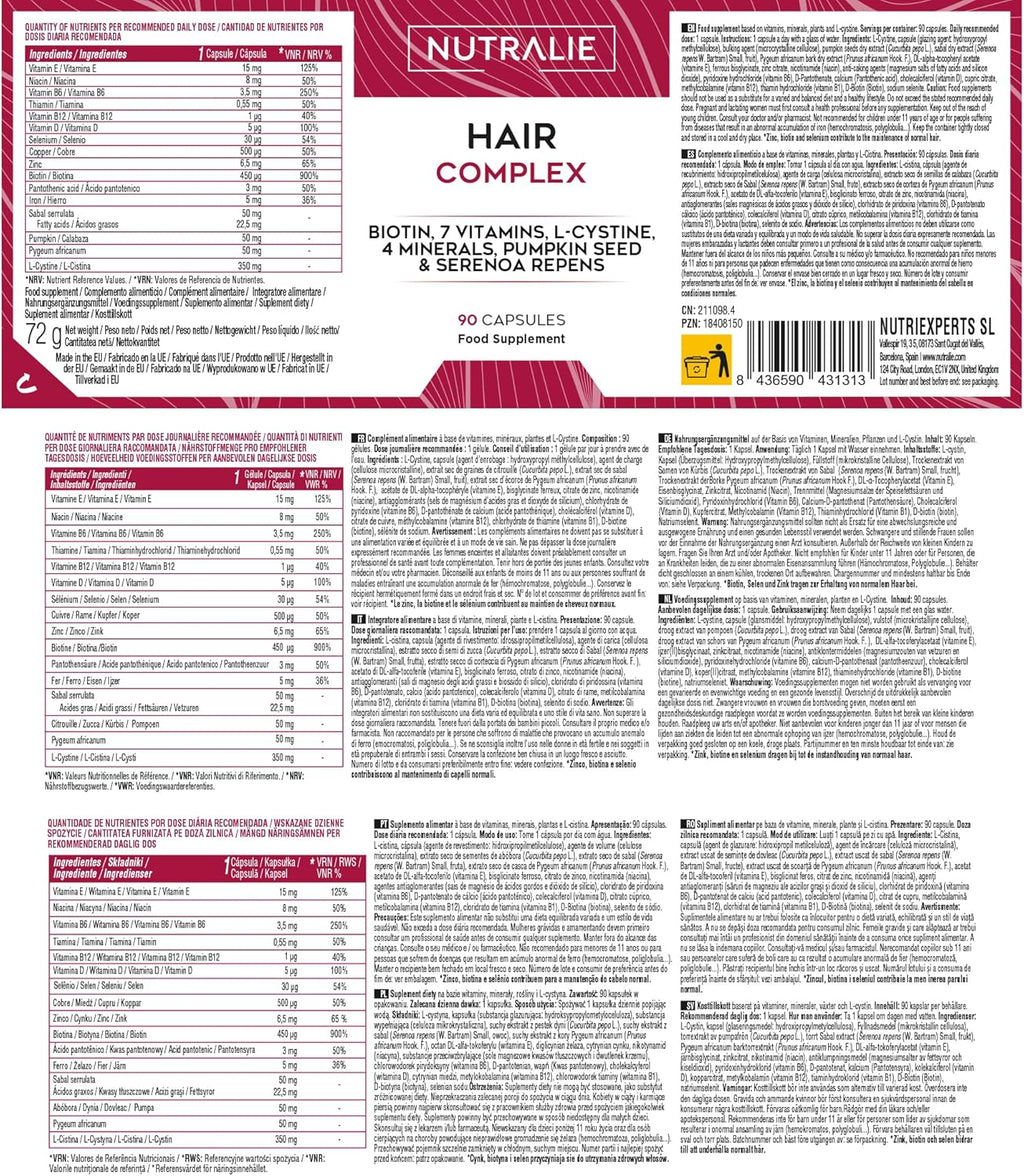 Biotina para el Cabello – Vitaminas Anticaída y Crecimiento Capilar – Cabello Fuerte, Brillo y Volumen – 90 Cápsulas Nutralie