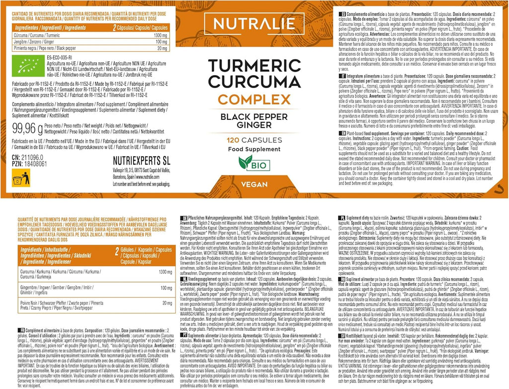 Cúrcuma con Pimienta Negra y Jengibre – Antiinflamatorio Natural – Articulaciones, Digestión y Antioxidante – 120 Cápsulas Nutralie