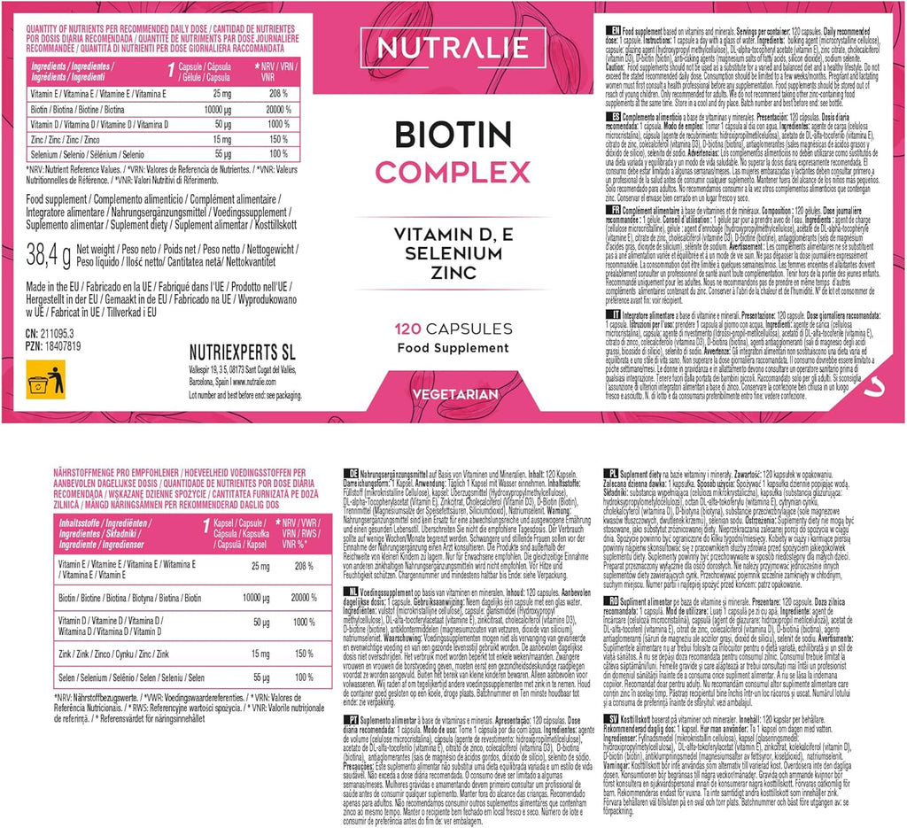 Nutralie Biotin Complex with Vitamin D, E, Selenium and Zinc - 120 Vegetarian Capsules