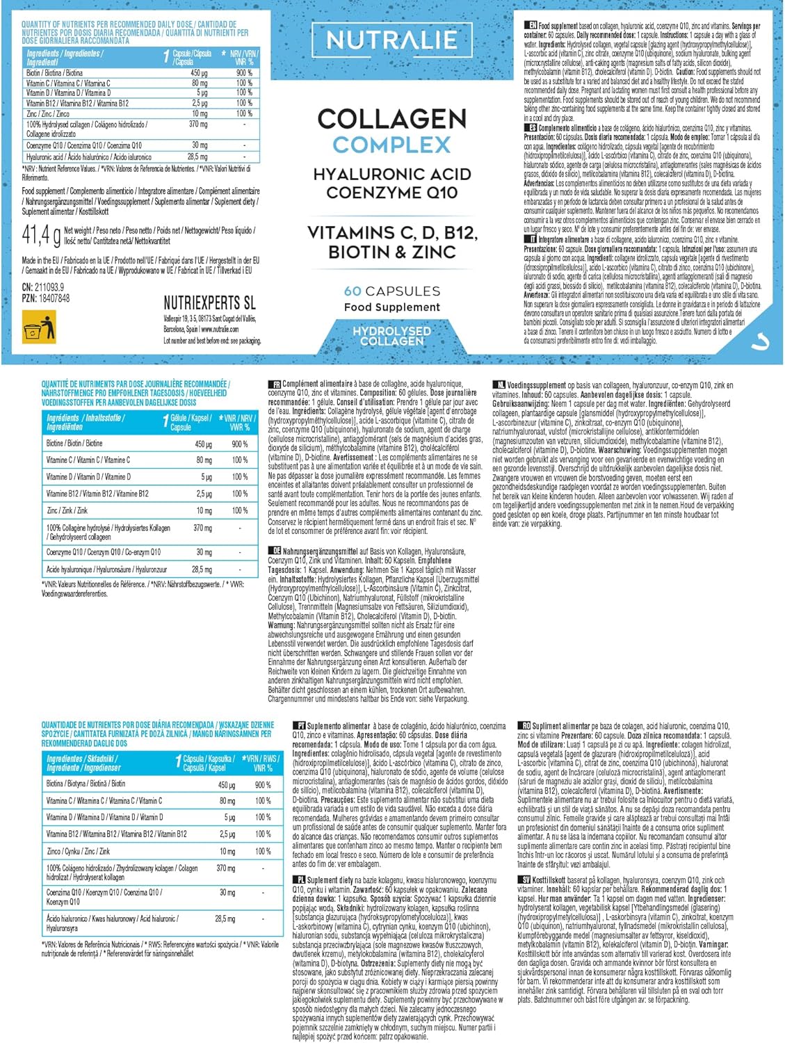 Colágeno Hidrolizado – Antiedad, Arrugas y Piel – Cabello y Uñas – Con Ácido Hialurónico, Q10 y Vitaminas – 60 Cápsulas Nutralie