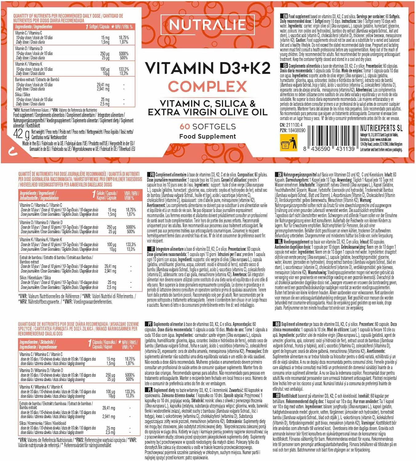Vitamina D3 + K2 – Huesos Fuertes y Sistema Inmunitario – Alta Absorción de Calcio – Con Vitamina C – 60 Cápsulas Blandas Nutralie