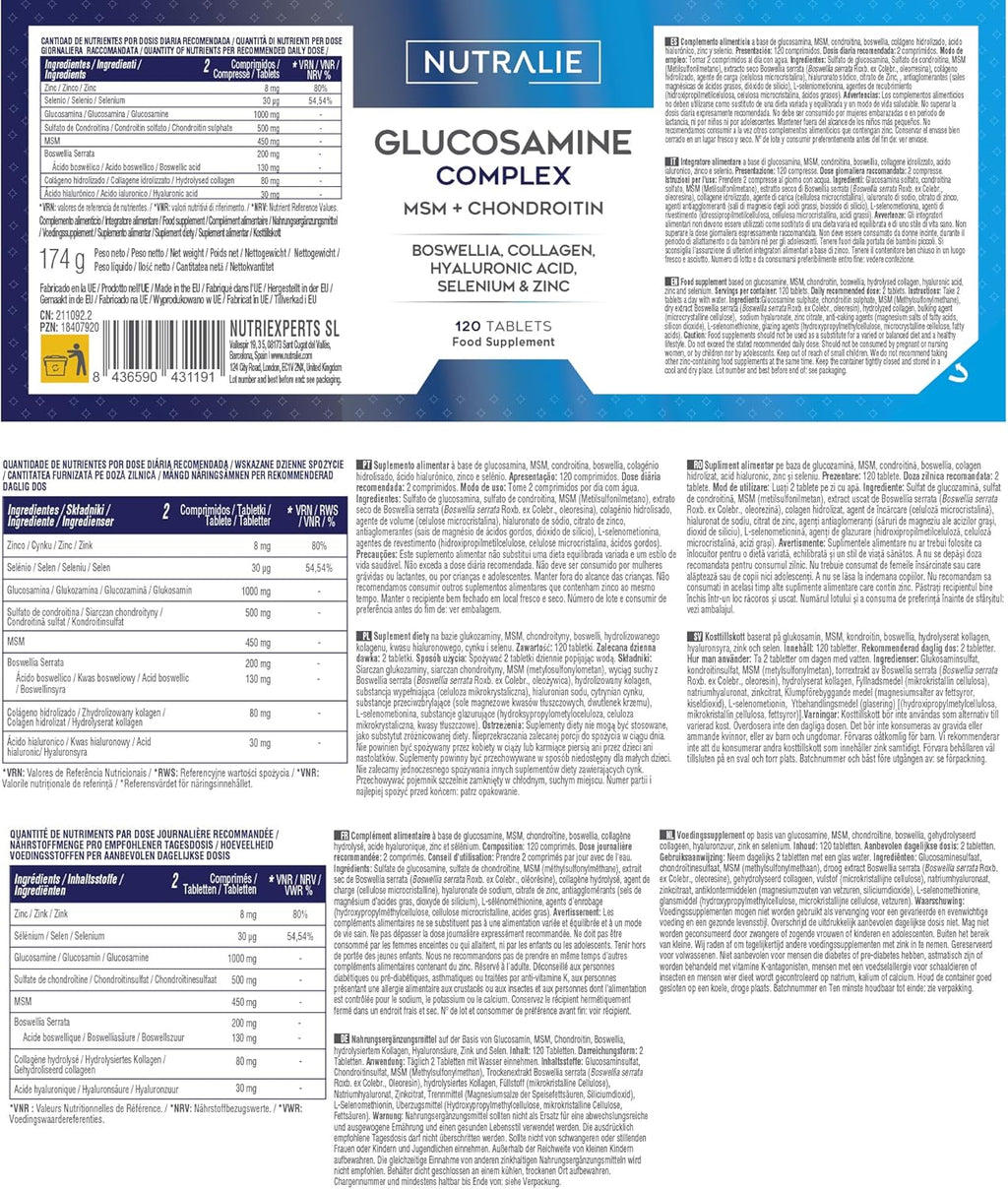 Glucosamina con Condroitina y MSM – Dolor Articular y Cartílago – Colágeno + Ácido Hialurónico – Flexibilidad y Movilidad – 120 Tabletas Nutralie