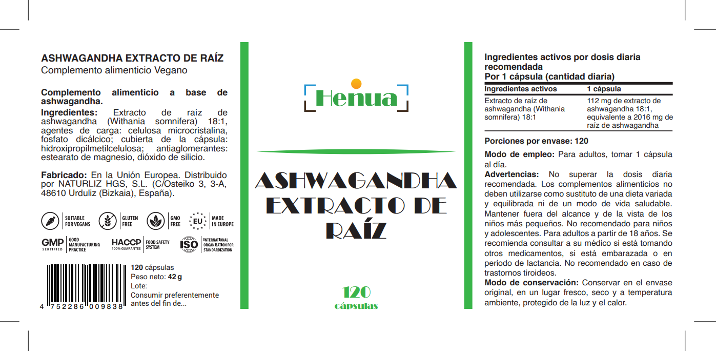 Ashwagandha Extracto de Raíz Henua - 120 Cápsulas - Adaptógeno Natural - Estrés y Bienestar Mental