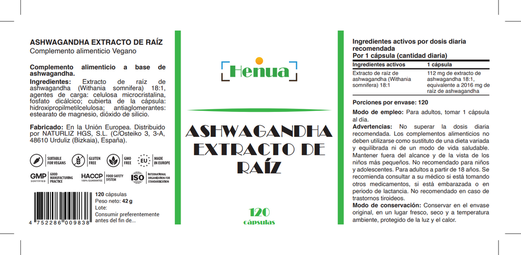 Pack Estrés, Relajación, Descanso y Recuperación Henua - Ashwagandha Extracto de Raíz 120 Cápsulas + Magnesio Bisglicinato con Vitamina B6 120 Cápsulas