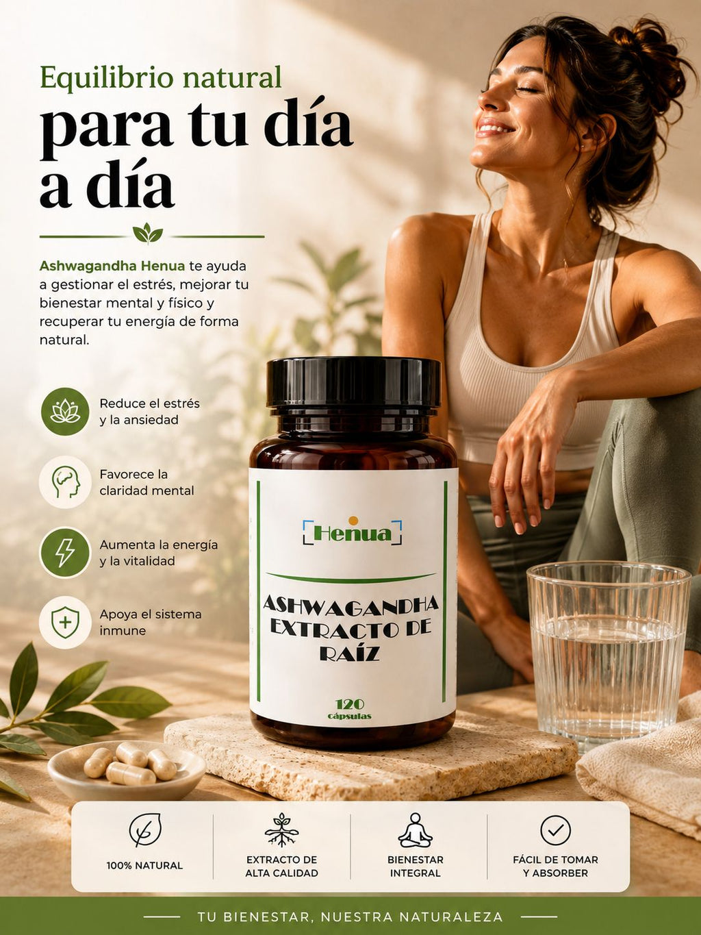 Ashwagandha Extracto de Raíz Henua - 120 Cápsulas - Adaptógeno Natural - Estrés y Bienestar Mental
