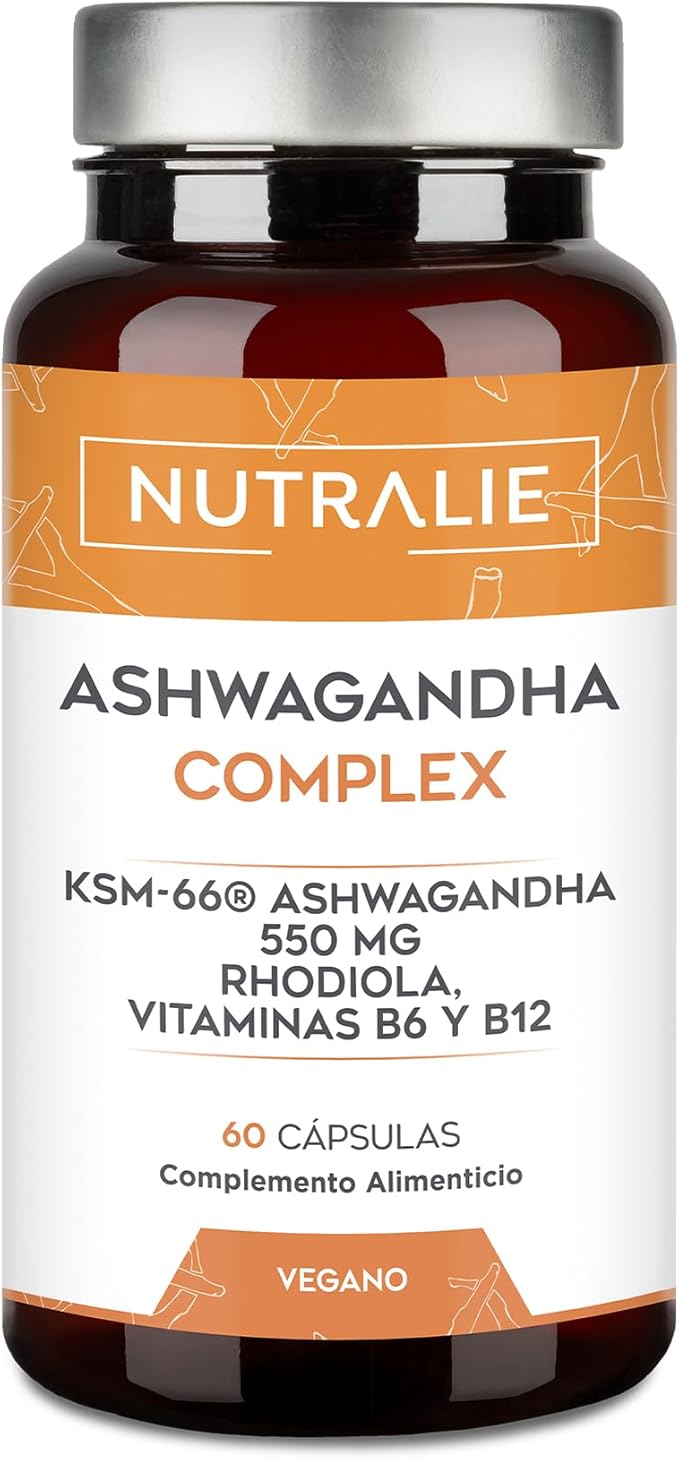 Nutralie Ashwagandha Complex KSM-66 550mg with Rhodiola and Vitamins B6 and B12 - 60 Vegan Capsules