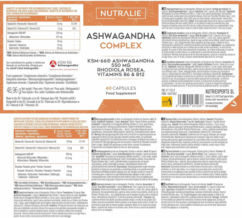 Nutralie Ashwagandha Complex KSM-66 550mg with Rhodiola and Vitamins B6 and B12 - 60 Vegan Capsules