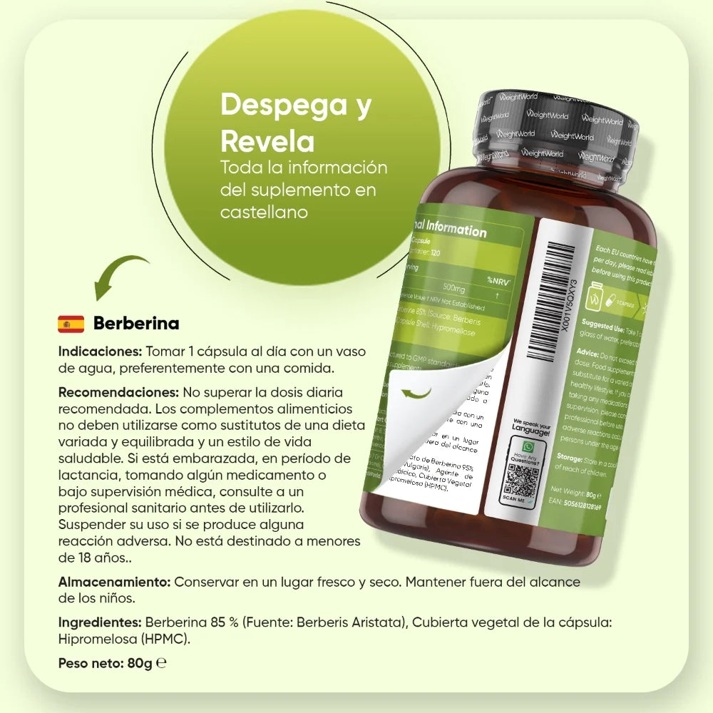 Ingredientes, indicaciones y advertencias en castellano de Berberina WeightWorld