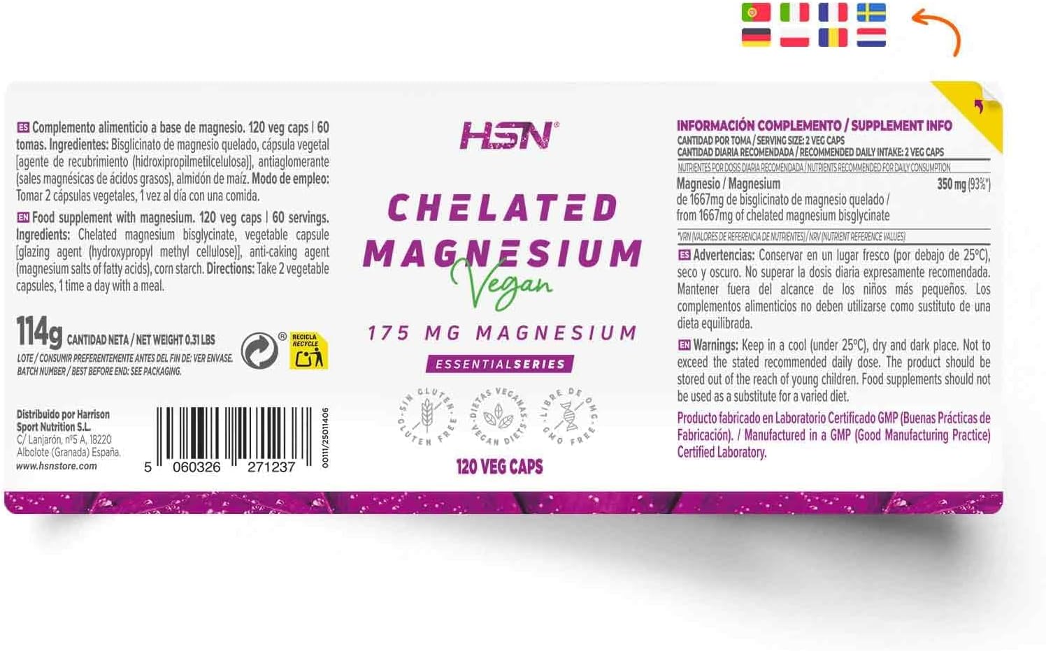HSN Bisglicinato de Magnesio (175mg Magnesio) - 120 Cápsulas Veganas