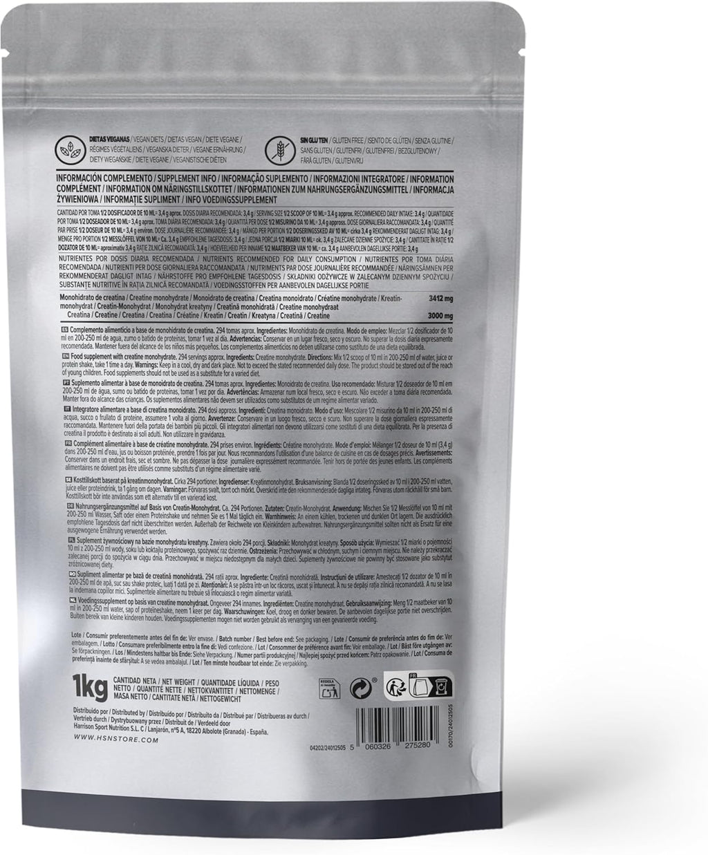 HSN Creatina Monohidrato Micronizada 200 Mesh 500mg/1kg | 100% Pura | Vegana, Sin Gluten, Sin Aditivos
