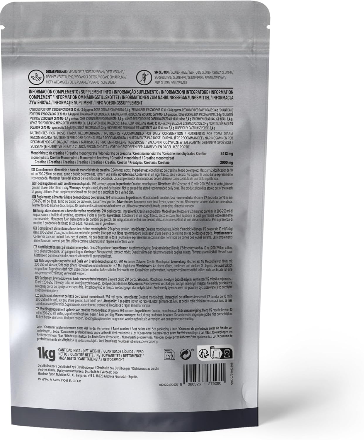 HSN Creatina Monohidrato Micronizada 200 Mesh 500mg/1kg | 100% Pura | Vegana, Sin Gluten, Sin Aditivos