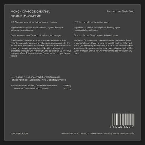 Aldous Creatina Monohidratada 3000mg | 200 Comprimidos | Vegana, Sin GMO, Fabricada en España