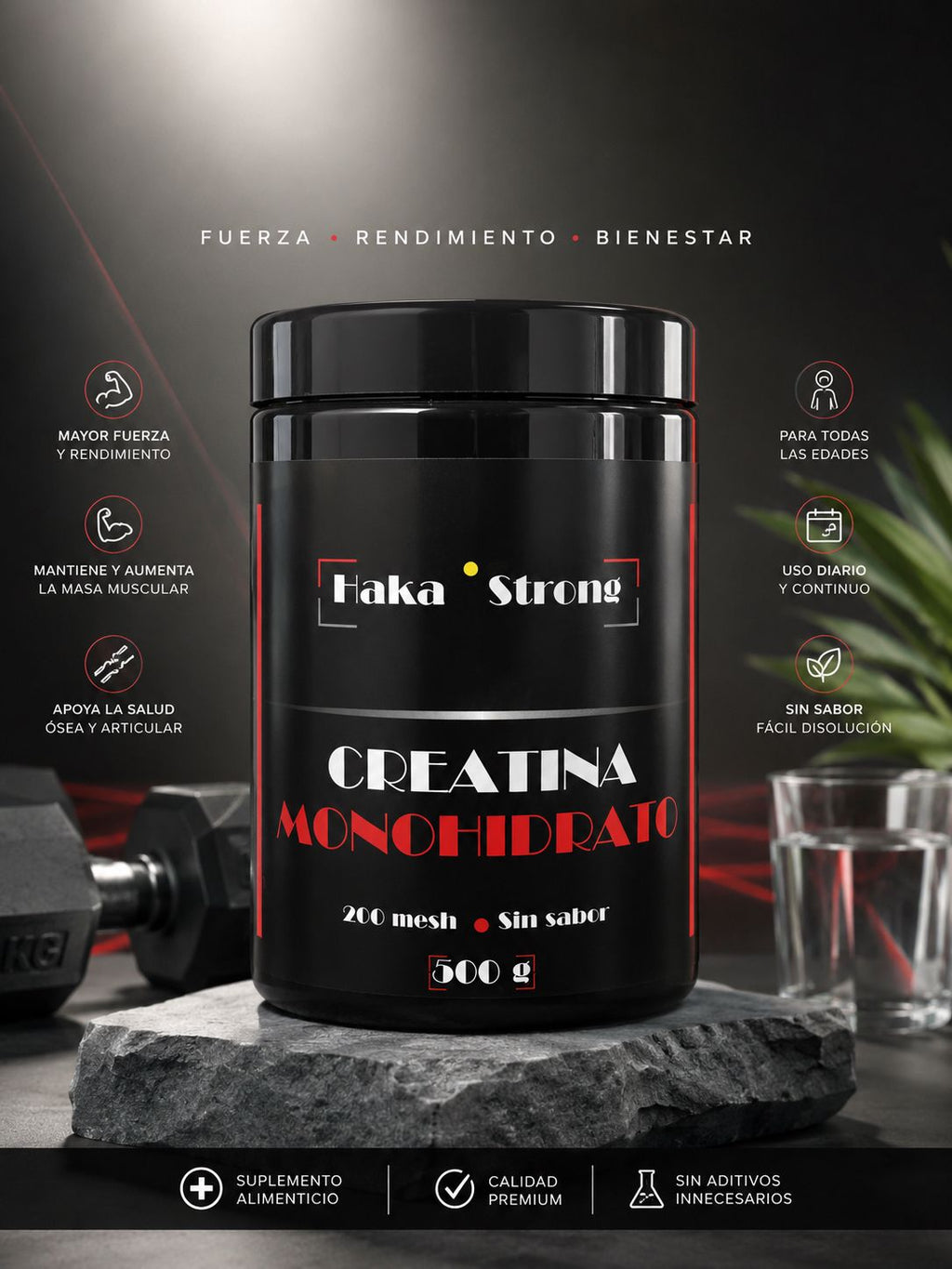 Creatina Monohidrato 500 g Haka Strong. Sin Sabor - Incluye Dosificador