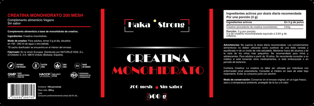 Creatina Monohidrato 500 g Haka Strong. Sin Sabor - Incluye Dosificador