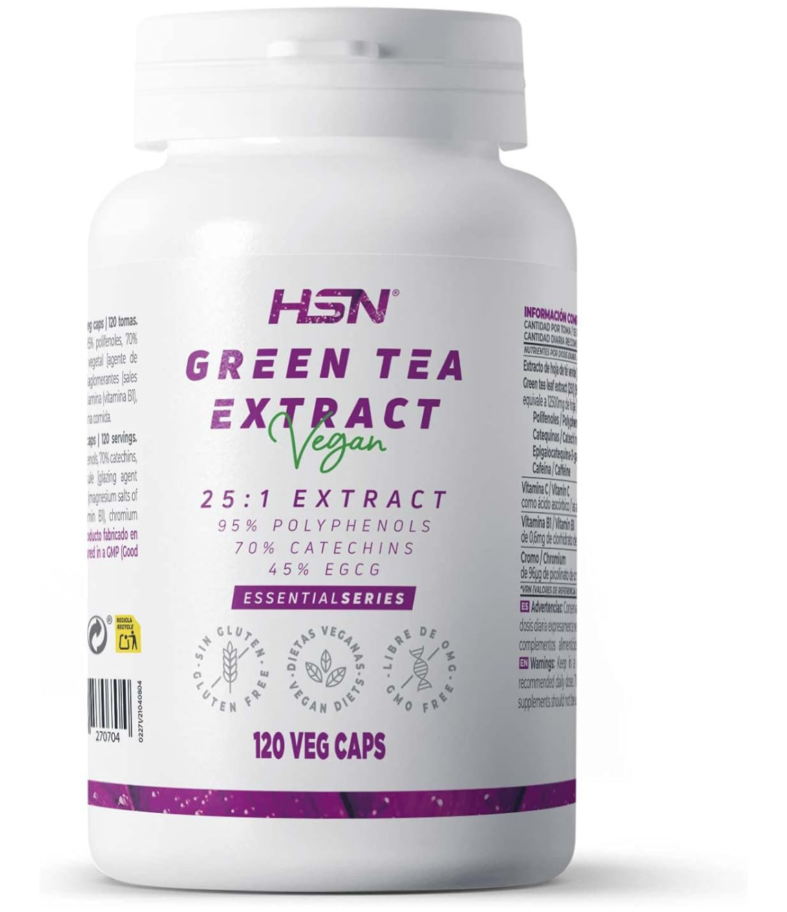HSN Extracto de Té Verde (25:1) 500mg - 120 Cápsulas Veganas