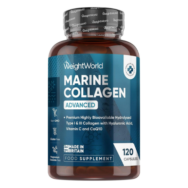 WeightWorld Colágeno Marino Hidrolizado Tipo I y III con Ácido Hialurónico, Vitamina C y CoQ10 - 120 Cápsulas