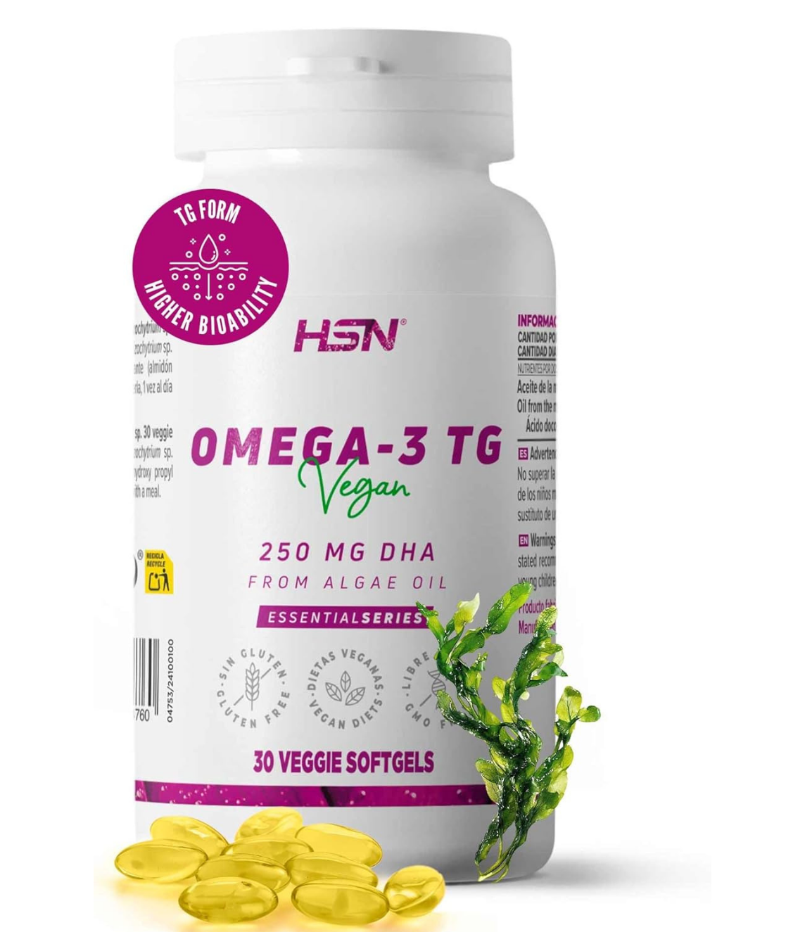 Vegan Omega-3 DHA 250mg Algae Oil - 30 Vegetable Pearls