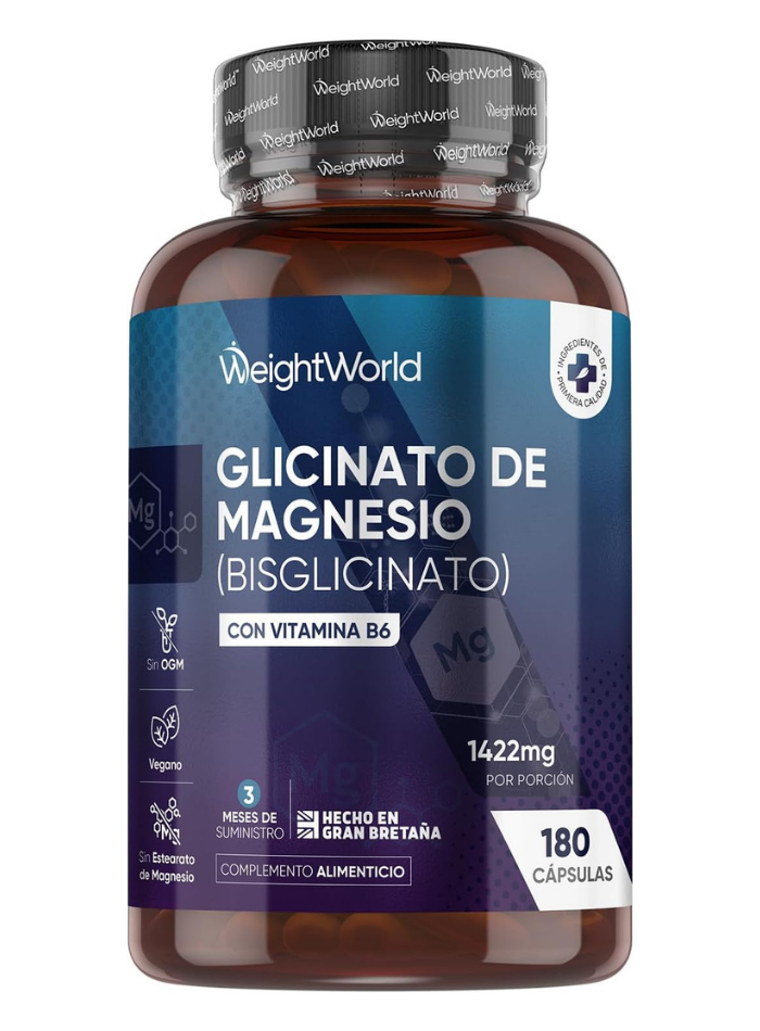 WeightWorld Glicinato de Magnesio (Bisglicinato) con Vitamina B6 - 200mg Magnesio - 180 Cápsulas
