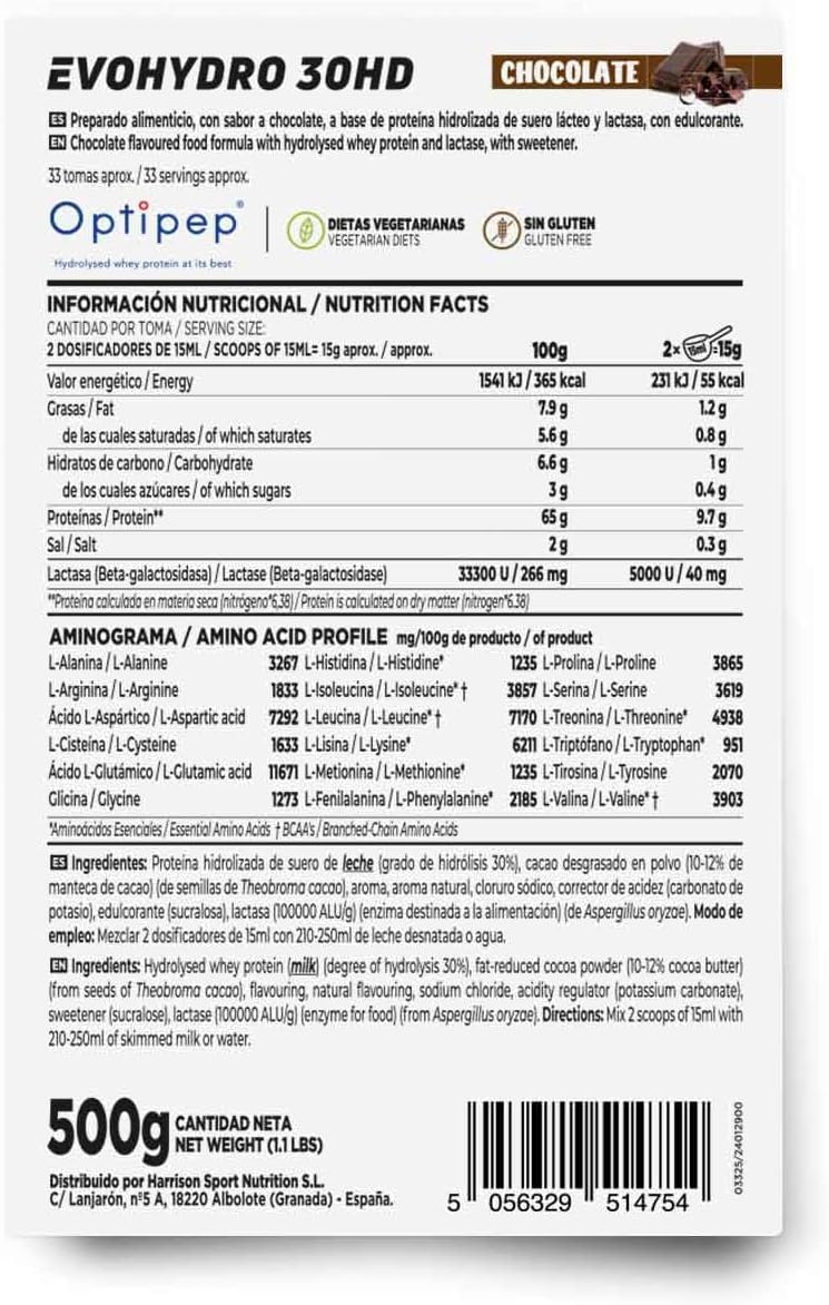 HSN Evohydro 30HD | Proteína Hidrolizada Optipep® | Sabor Chocolate 500g | 33 Tomas