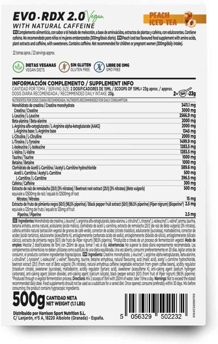 Evordx 2.0 Pre-Workout with Caffeine 500g - Peach Iced Tea