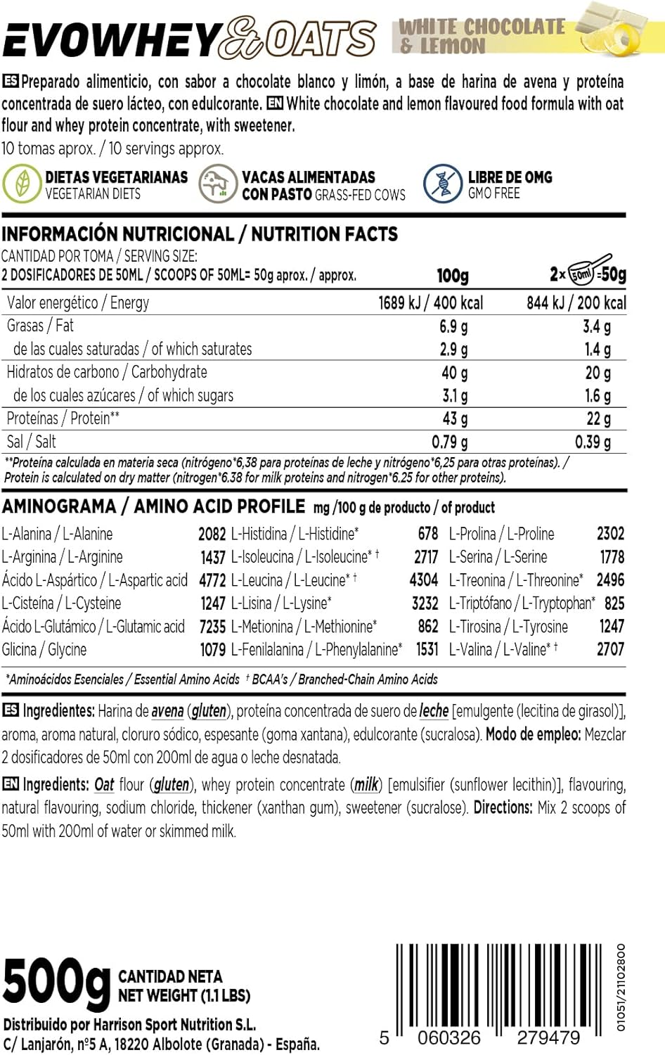 HSN Evowhey & Oats | Proteína Whey con Avena | Sabor Choco Blanco Limón / Vainilla 500g