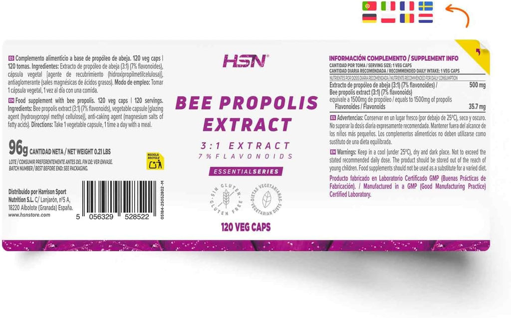 HSN Extracto de Propóleo de Abeja (3:1) 500mg - 120 Cápsulas Veganas