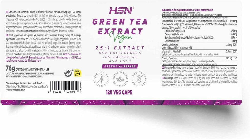 Green Tea Extract (25:1) 500mg - 120 Vegan Capsules