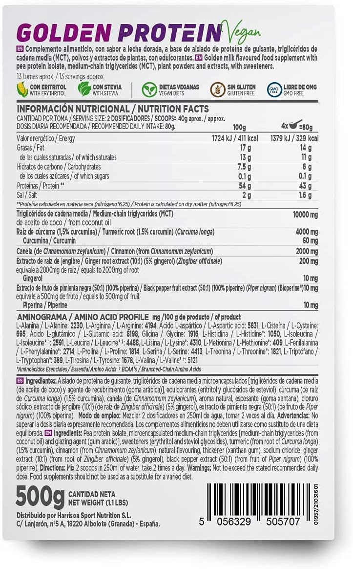 HSN Golden Protein Vegan 500g Sabor Golden Milk - Proteína de Guisante con Cúrcuma