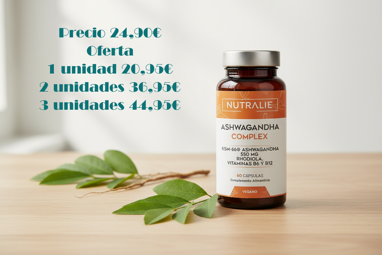 Ashwagandha KSM-66 550mg – Estrés, Ansiedad y Cortisol – Con Rhodiola y B6 B12 – Adaptógeno Natural – 60 Cápsulas Nutralie