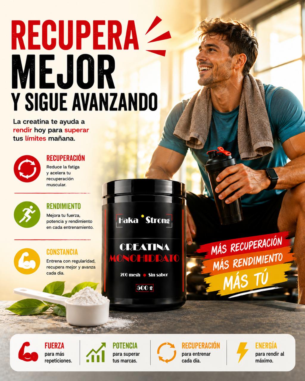 Creatina Monohidrato 500 g Haka Strong. Sin Sabor - Incluye Dosificador