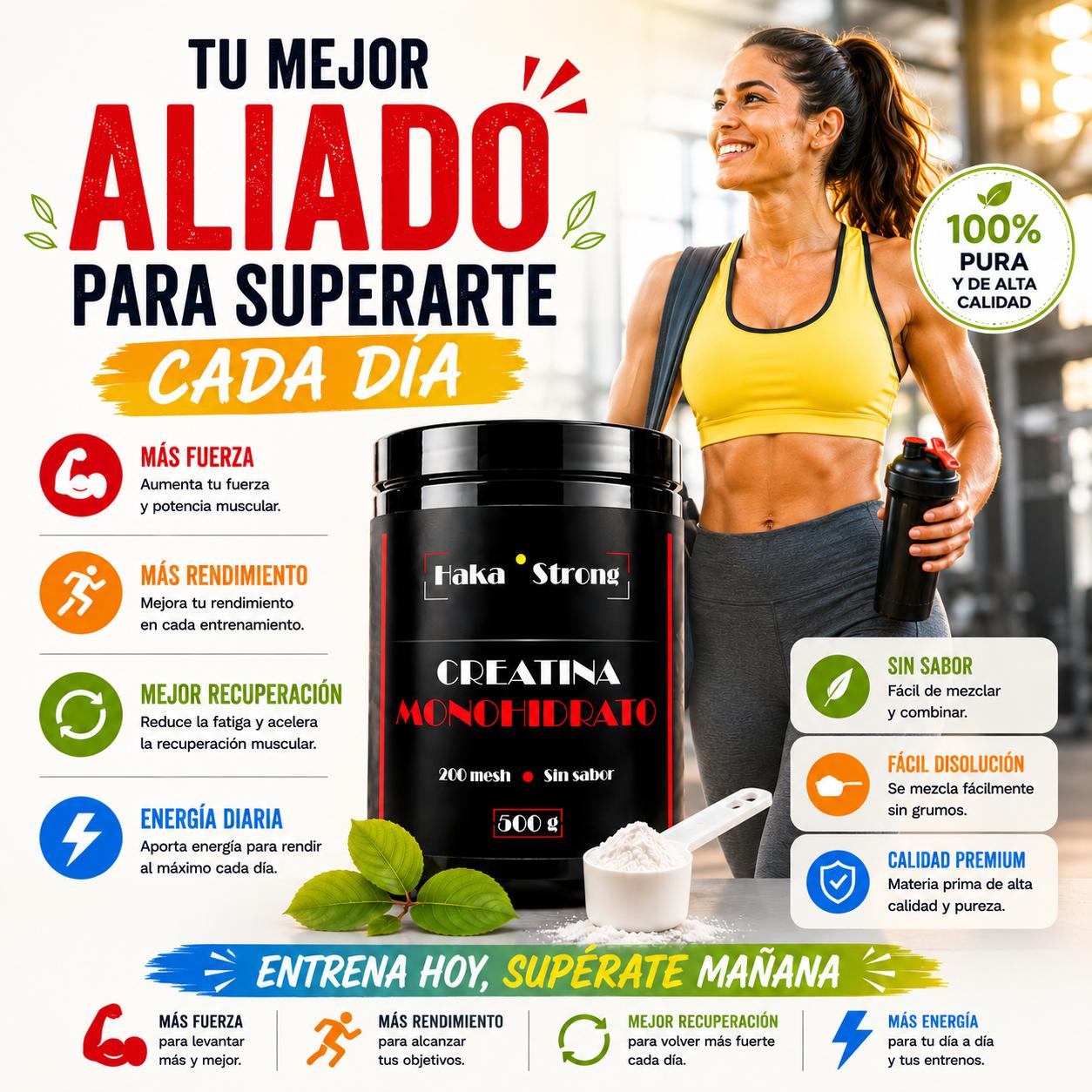 Creatina Monohidrato 500 g Haka Strong. Sin Sabor - Incluye Dosificador