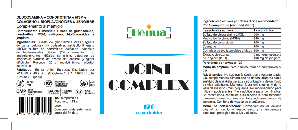 Joint Complex Henua - 120 Comprimidos - Glucosamina, Condroitina, MSM, Colágeno y Jengibre