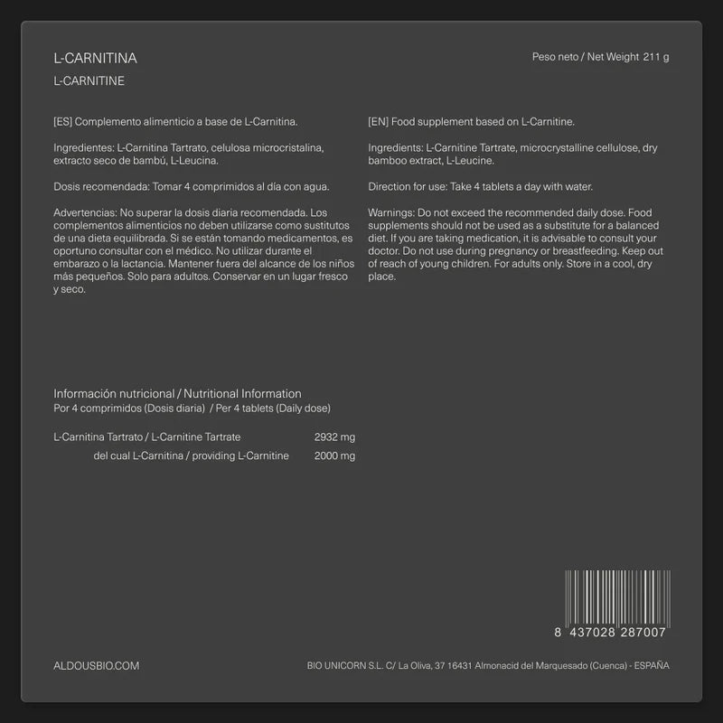 L-Carnitina 2000mg | 200 Comprimidos | ALDOUS