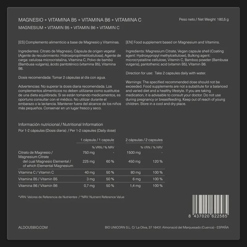 Aldous Citrato de Magnesio con Vitamina C, B5 y B6 | 200 Cápsulas | Vegano, Sin GMO