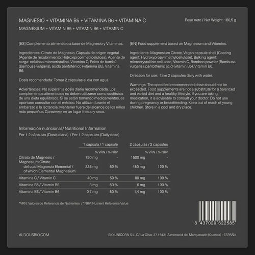 Aldous Citrato de Magnesio con Vitamina C, B5 y B6 | 200 Cápsulas | Vegano, Sin GMO