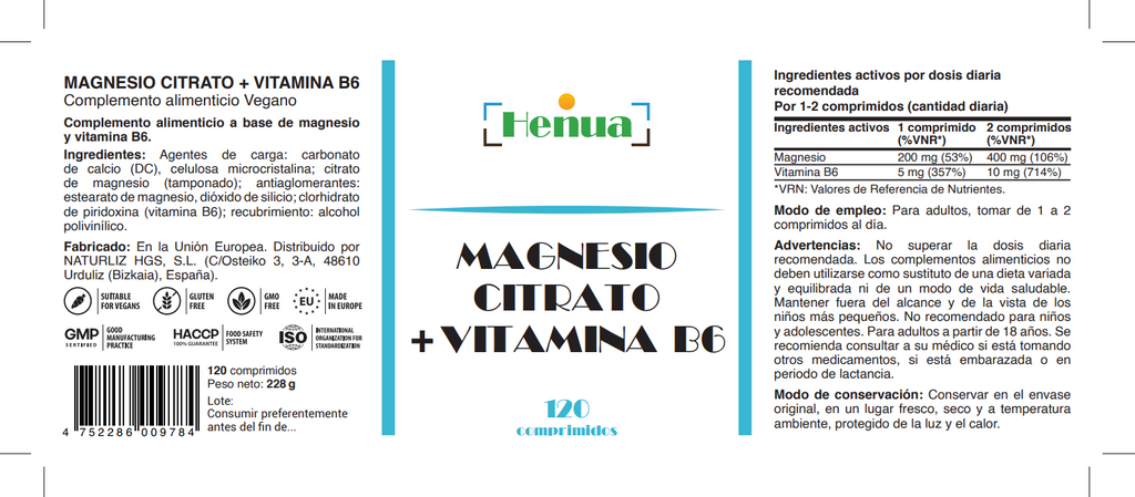Magnesio Citrato con Vitamina B6 Henua - 120 Comprimidos