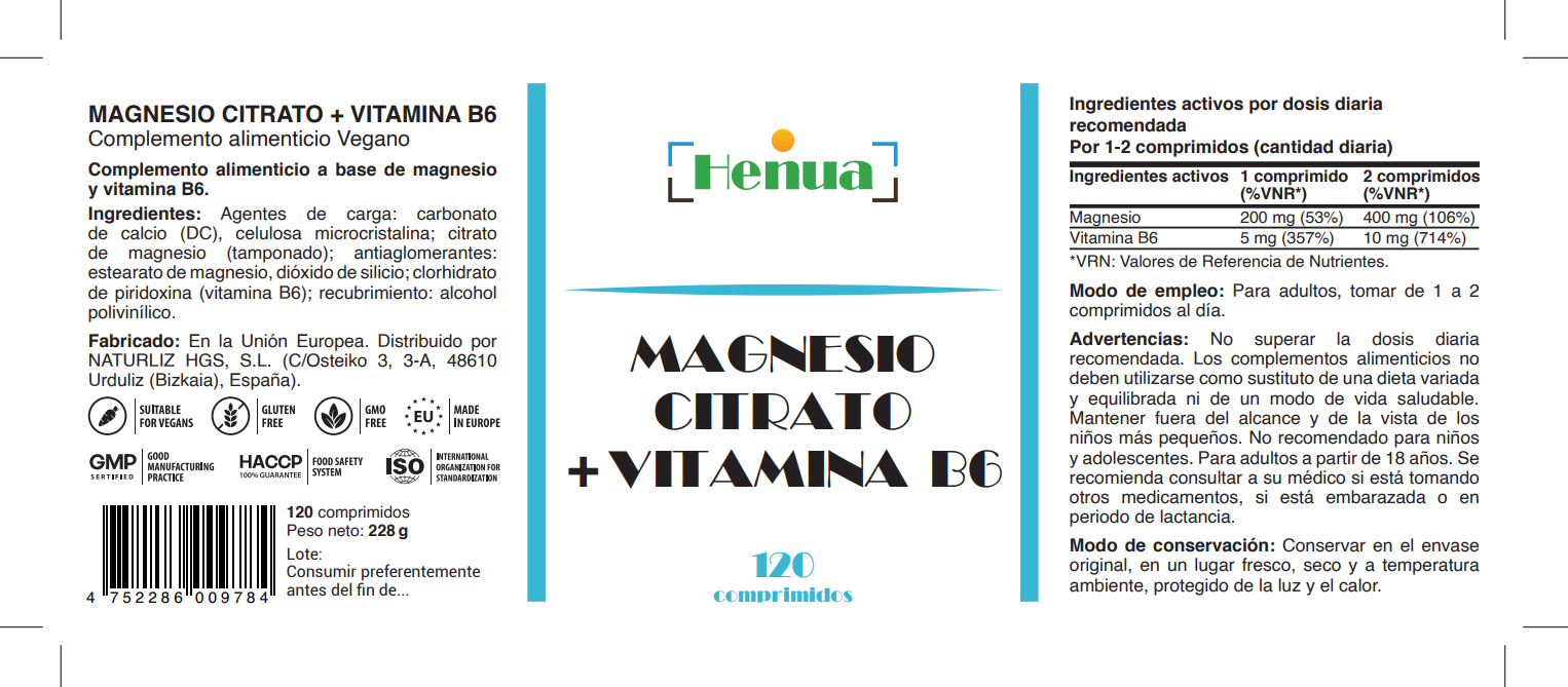 Pack Huesos y Músculos Henua - Vitamina D3 + K2 120 Comprimidos + Magnesio Citrato con Vitamina B6 120 Comprimidos - 240 Dosis