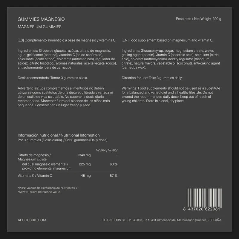 Aldous Magnesio Gummies con Vitamina C | Sabor Arándano | 120 Gummies | Vegano, Sin GMO