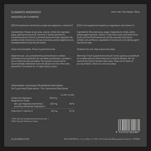Aldous Magnesio Gummies con Vitamina C | Sabor Arándano | 120 Gummies | Vegano, Sin GMO