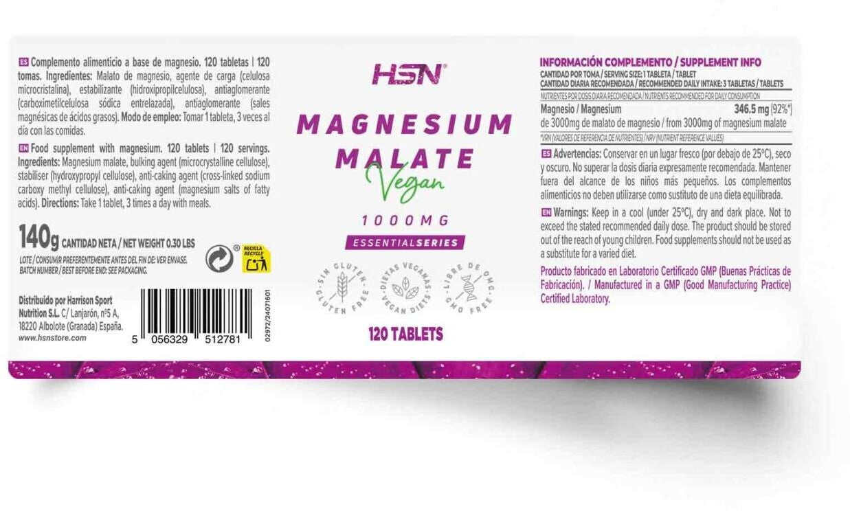 HSN Malato de Magnesio 1000mg - 120 Tabletas Veganas