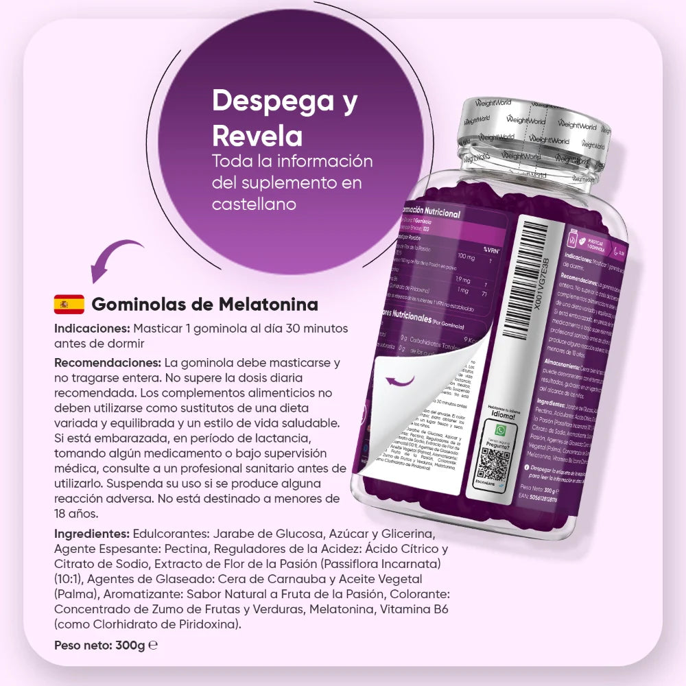 Gominolas de Melatonina WeightWorld - Ingredientes y advertencias en castellano