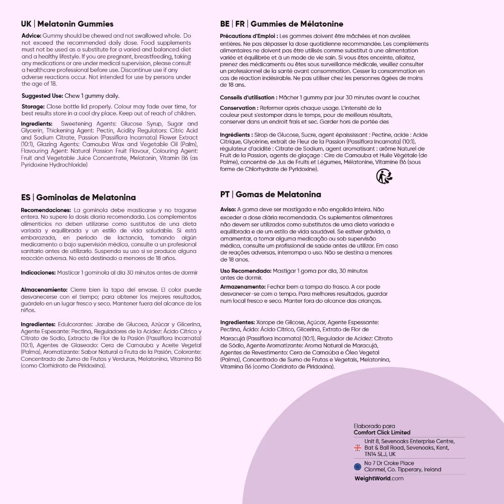 Gominolas de Melatonina WeightWorld - Información multilingüe