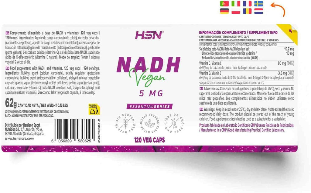HSN NADH 5mg - 120 Cápsulas Veganas con Vitaminas C y E