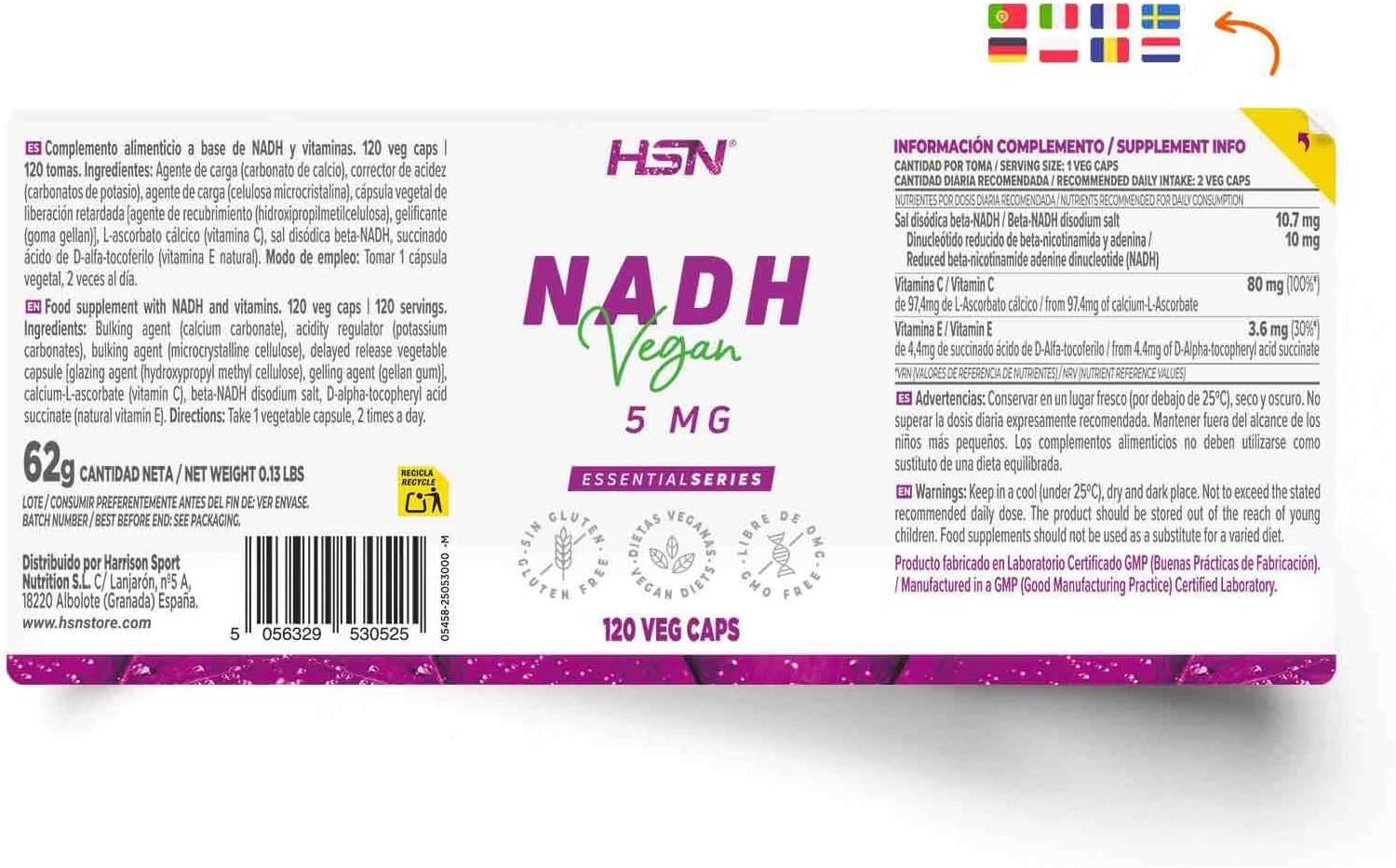 HSN NADH 5mg - 120 Cápsulas Veganas con Vitaminas C y E