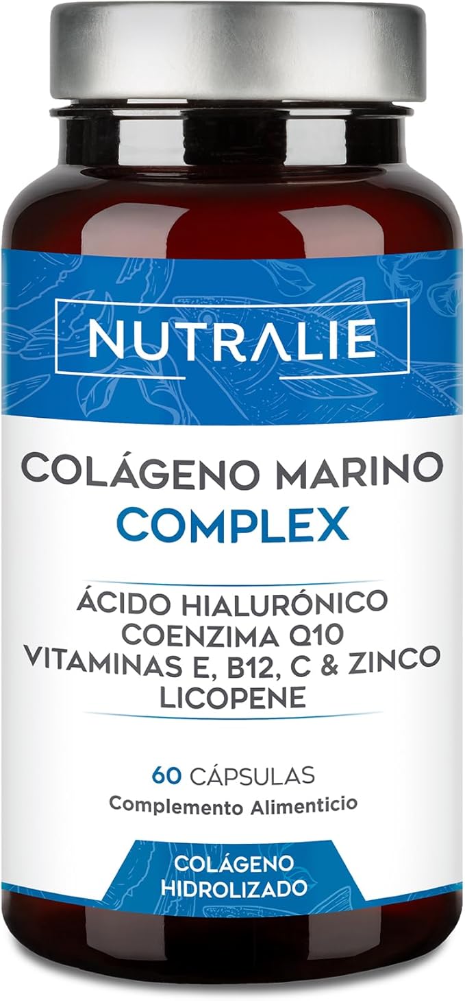 Nutralie Hydrolyzed Marine Collagen Complex with Hyaluronic Acid, Coenzyme Q10, Vitamins E, B12, C, Zinc and Lycopene - 60 Capsules