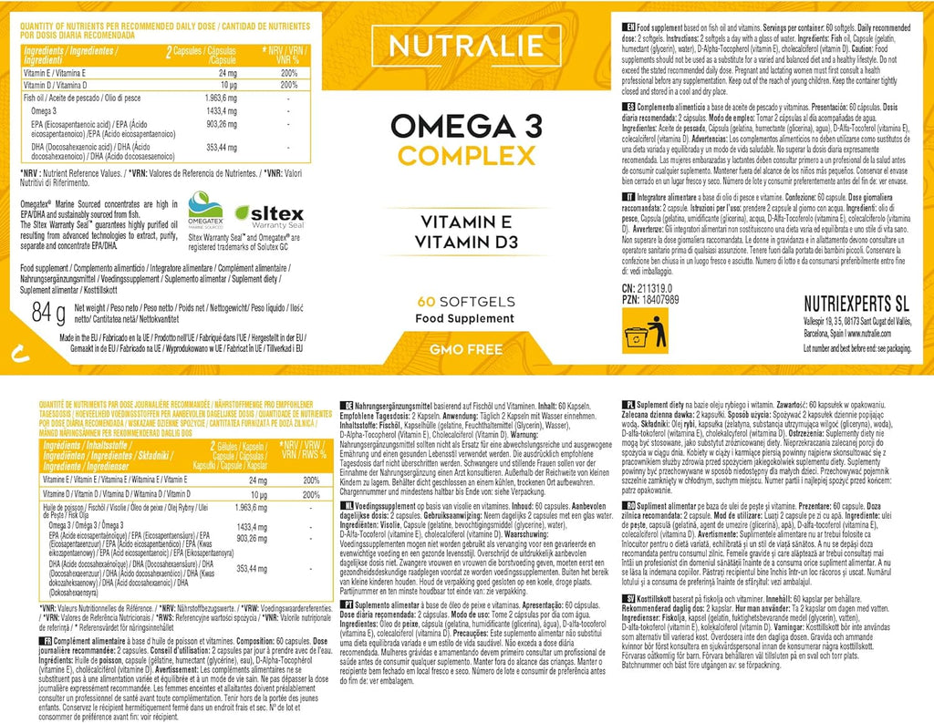 Omega 3 EPA DHA – Corazón y Cerebro – Memoria, Visión y Sistema Inmunitario – Con Vitamina D3 y E – 60 Softgels Nutralie